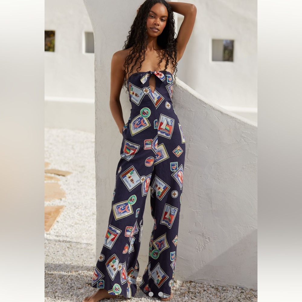 Celandine Anthropologie Linen Blend Strapless Positano Italy Jumpsuit Small S